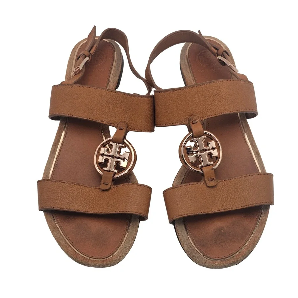 Tory Burch Metal Miller Two Band Calf Leather Sandal 11M Tan Rose Gold Designer